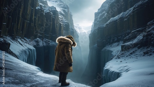A lone figure, bundled in a warm parka, stands at the edge of a breathtaking icy canyon. The vast, snow-covered landscape and dramatic rock formations create a serene yet awe-inspiring scene.