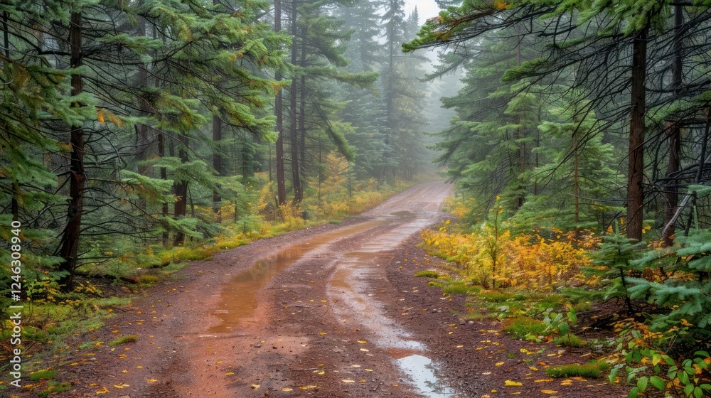 Fototapeta premium Serene winding forest path surrounded by lush greenery and autumn foliage in a misty atmosphere