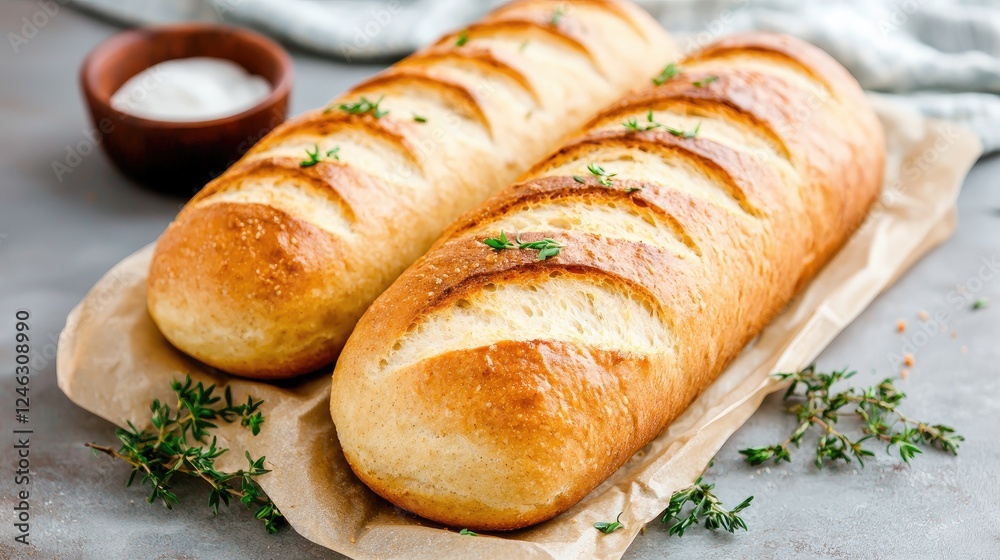 Two crusty loaves, kitchen table setting Two crusty loaves, kitchen table setting