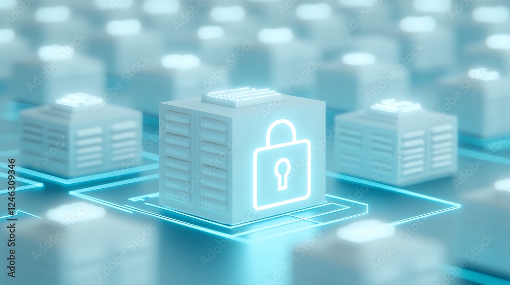 Fototapeta premium Futuristic Digital Storage Concept with Secure Lock Symbol Highlighting Data Protection in Cloud Computing