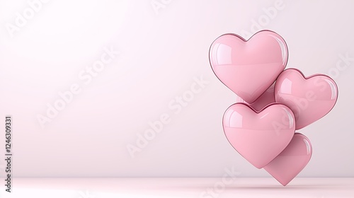 Three Glossy Pink Hearts on White Background