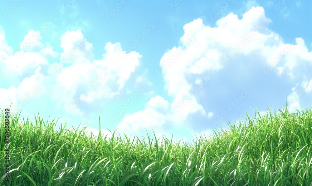 Fototapeta premium Lush green grass field under a bright blue sky with fluffy white clouds
