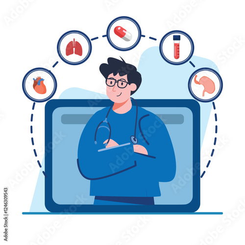 Doctor providing online medical consultation via video chat showing various health icons Perfect for telehealth websites and medical articles