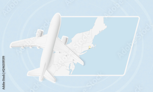 Rhode Island Travel Illustration with Plane and National Flag. Airplane Flying Over Rhode Island Map.