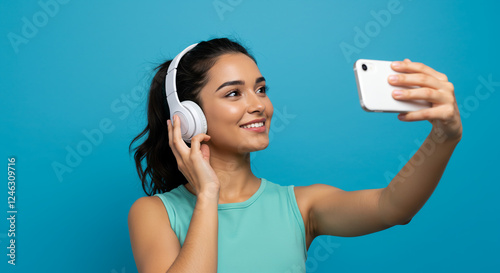 Una joven sonriente se toma una selfie con su teléfono mientras escucha música con auriculares blancos sobre un fondo azul sólido. Lleva una camiseta deportiva color aguamarina. photo