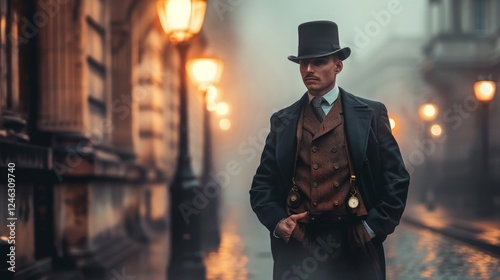 Elegant Victorian Man in Trench Coat Walking in Foggy Street