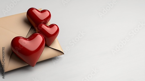 Three Glossy Red Hearts on Kraft Envelope, Light Gray Background