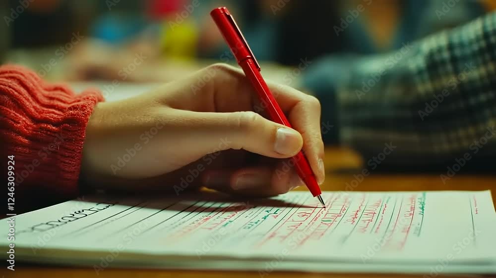 Close-up of a hand writing with a red pen on a lined paper.