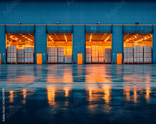 Wallpaper Mural Modern warehouse exterior at dusk, showing four large open loading bays with stacked goods. Wet ground reflects warm interior lighting. Torontodigital.ca