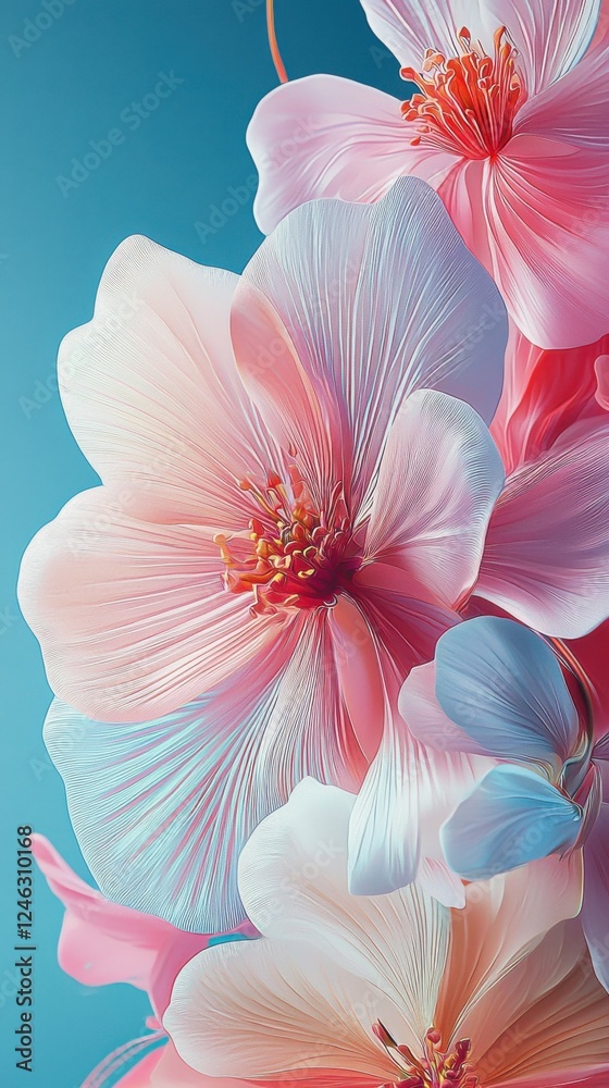 Fototapeta premium Beautiful pastel flowers in full bloom against a vibrant blue background showcasing delicate petals and intricate details