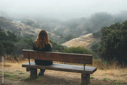 A serene image of a woman resting on a wooden bench, enjoying the view of a foggy valley in California.