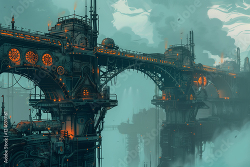 Steampunk bridge with gears and pipes, set in a foggy industrial landscape.