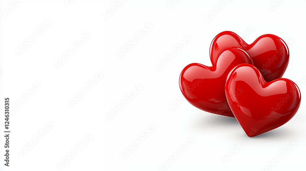 Fototapeta premium Three Glossy Red Hearts on White Background