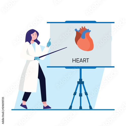 A female doctor explains lung anatomy using a flip chart. Perfect for medical education materials and presentations.