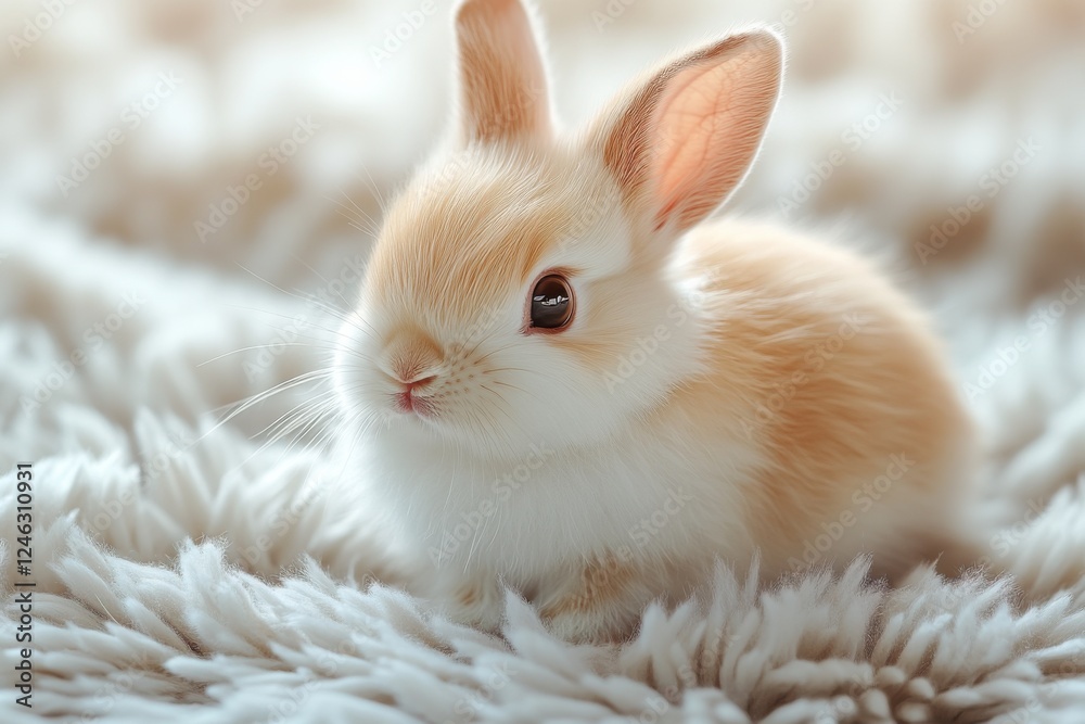 Cute small rabbit sitting on fluffy fabric during a soft light in a cozy indoor setting