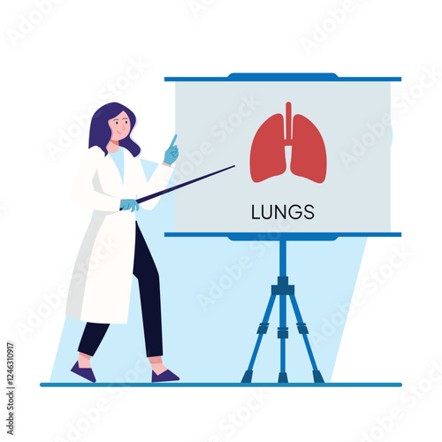 A female doctor explains intestines anatomy using a flip chart illustration. Perfect for medical presentations and educational materials.
