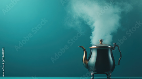 Russian samovar boiling with tea steam rising photo