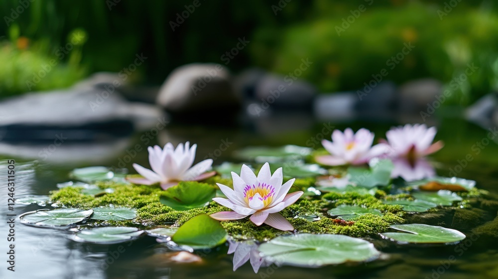 Beautiful water lilies blooming on a tranquil pond surrounded by lush greenery on a sunny day in the heart of nature Beautiful water lilies blooming on a tranquil pond surrounded by lush greenery on a sunny day in the heart of nature