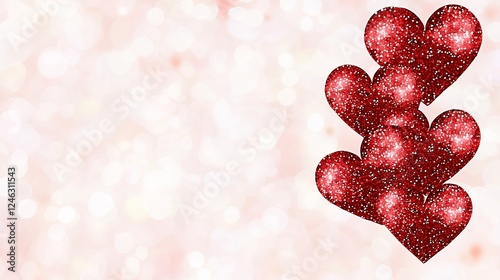 Three Red Glitter Hearts on Pink Bokeh Background