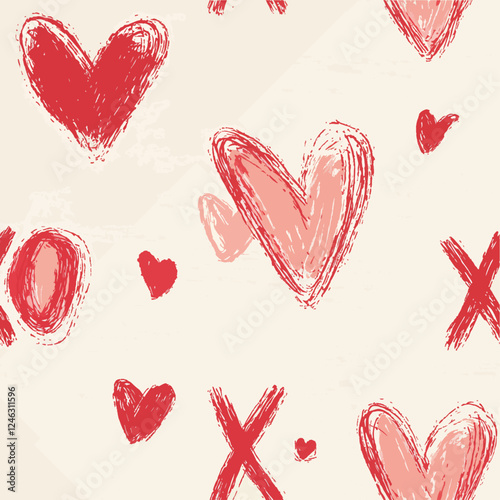 Hand-Drawn Red Hearts and XO Seamless Pattern, Romantic Valentine's Day Background, Love Illustration, Sketched Heart Design, Textured Doodle Hearts, Wedding Celebration Wallpaper	