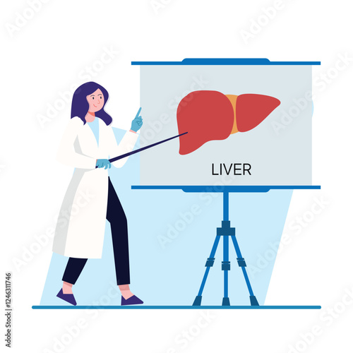 A female doctor points to a liver diagram on a flip chart during a presentation. Great for medical websites or educational materials.
