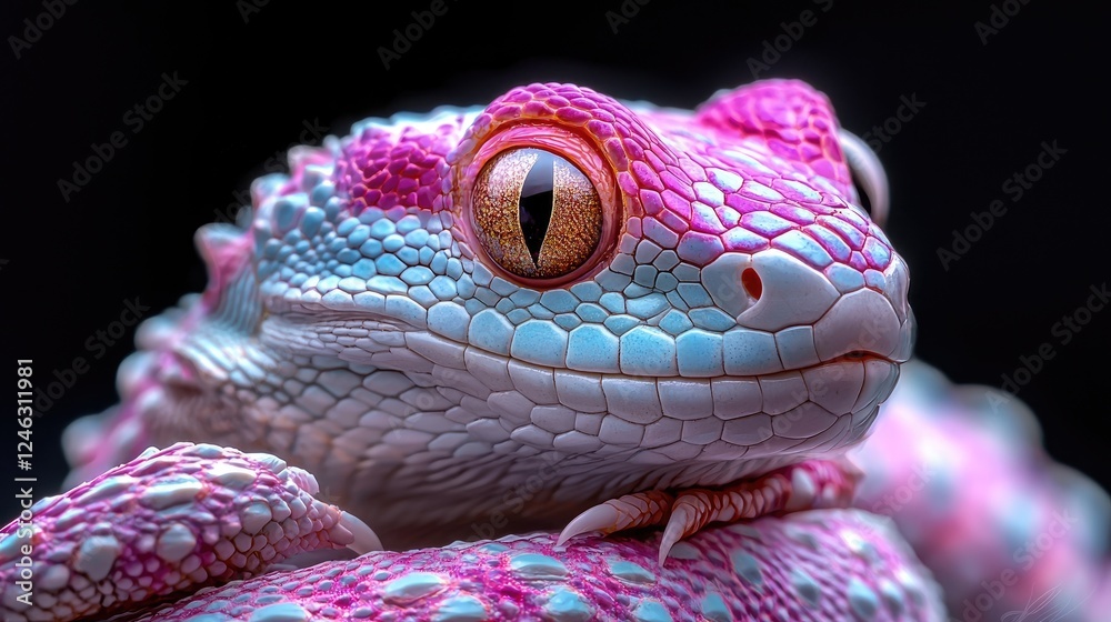 Obraz premium Pink gecko portrait, close-up, dark background, nature wildlife