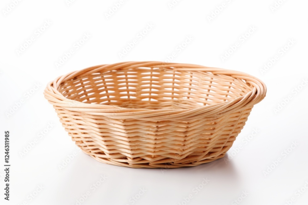 Woven wicker basket with a natural finish suitable for serving bread or fruits in a dining setting Woven wicker basket with a natural finish suitable for serving bread or fruits in a dining setting