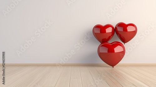 Three Red Heart Balloons on Light Wood Floor Against White Wall