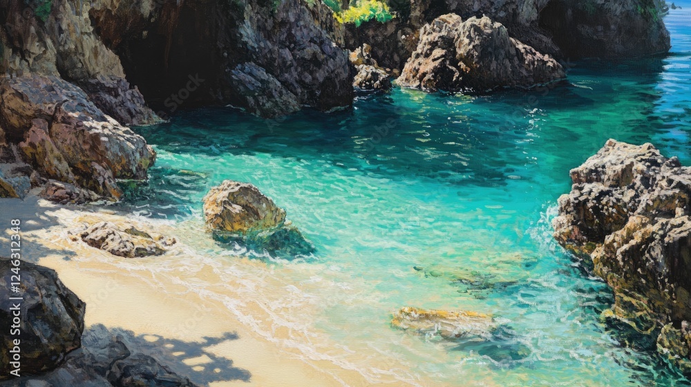 Secluded cove, turquoise water, sandy beach, rocky shores. Secluded cove, turquoise water, sandy beach, rocky shores.