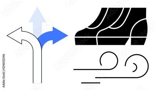 Arrows pointing in different directions alongside stylized shoe prints with motion lines. Ideal for choices, movement, direction, dynamics, decision making, pathways, navigation. Black blue white