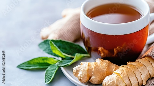 Ginger tea with mint, healthy drink, kitchen setting photo