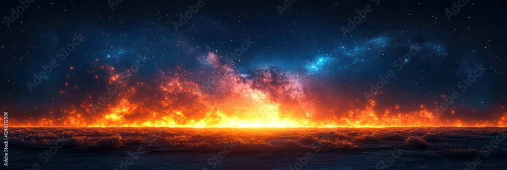 Naklejka premium Fiery Celestial Horizon: A Burning Landscape Under a Starry Sky