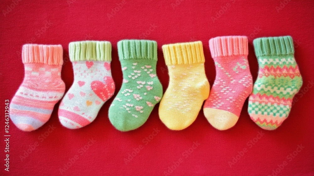 Six colorful baby socks with various patterns arranged on a red background. Six colorful baby socks with various patterns arranged on a red background.
