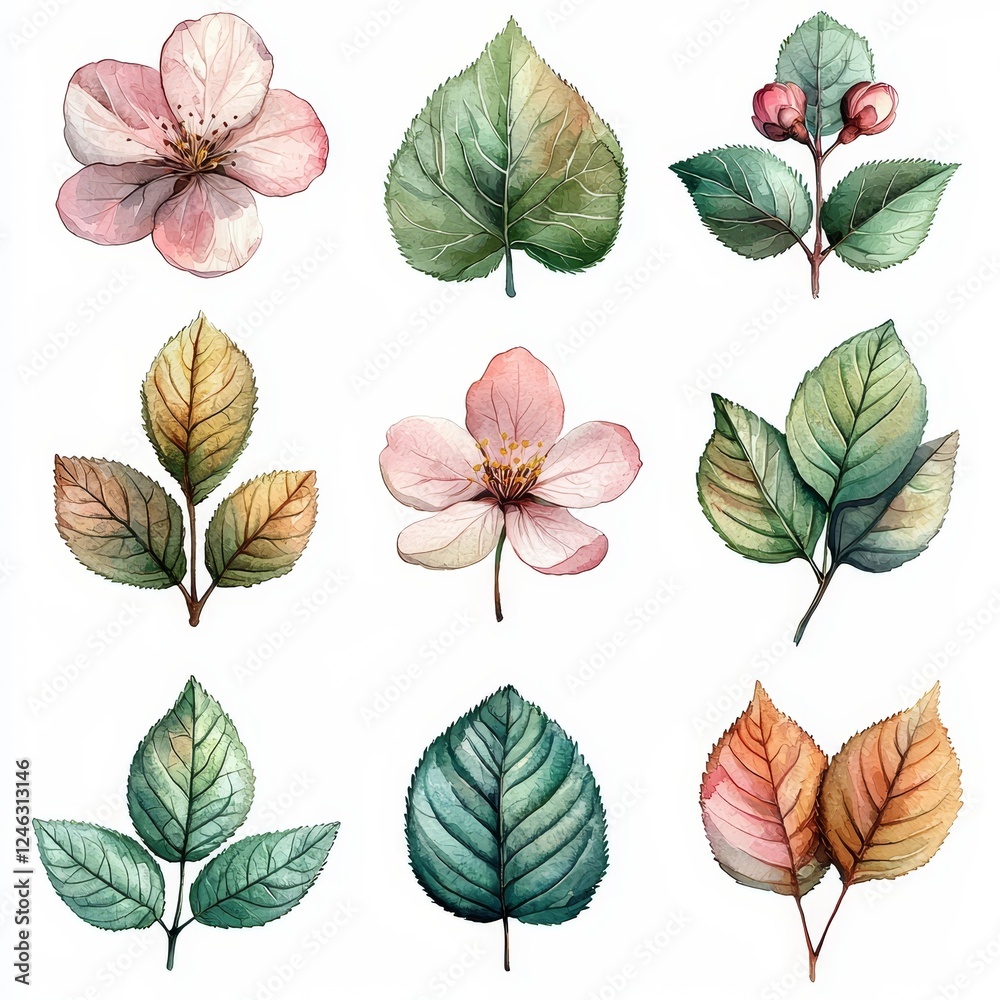 Obraz premium A Delicate Watercolor Set of Soft Blossom Leaves with Light Pink and Green Tones on Minimalist White Background