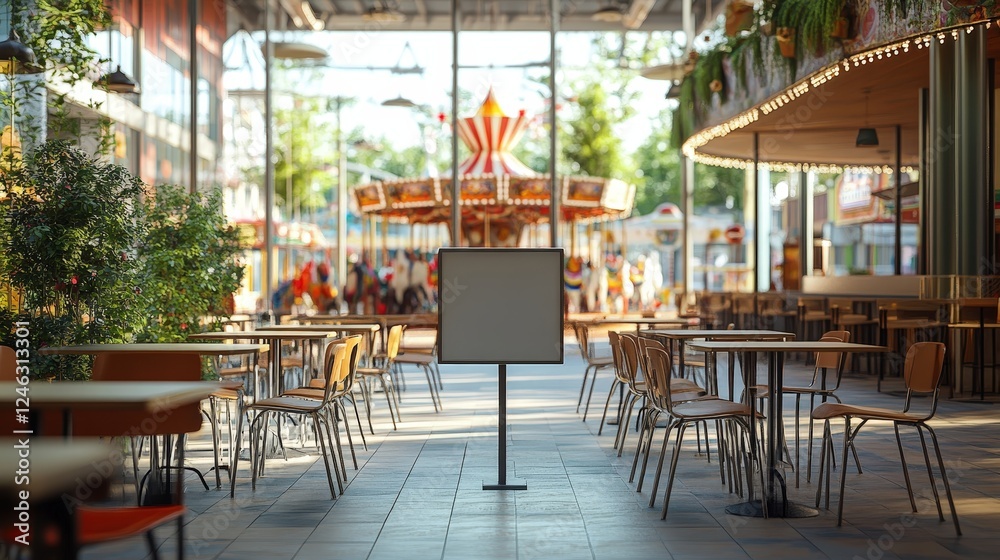 Fototapeta premium Empty Signboard Surrounded by Tables in Amusement Park with Carousel in Background and Bright Daylight