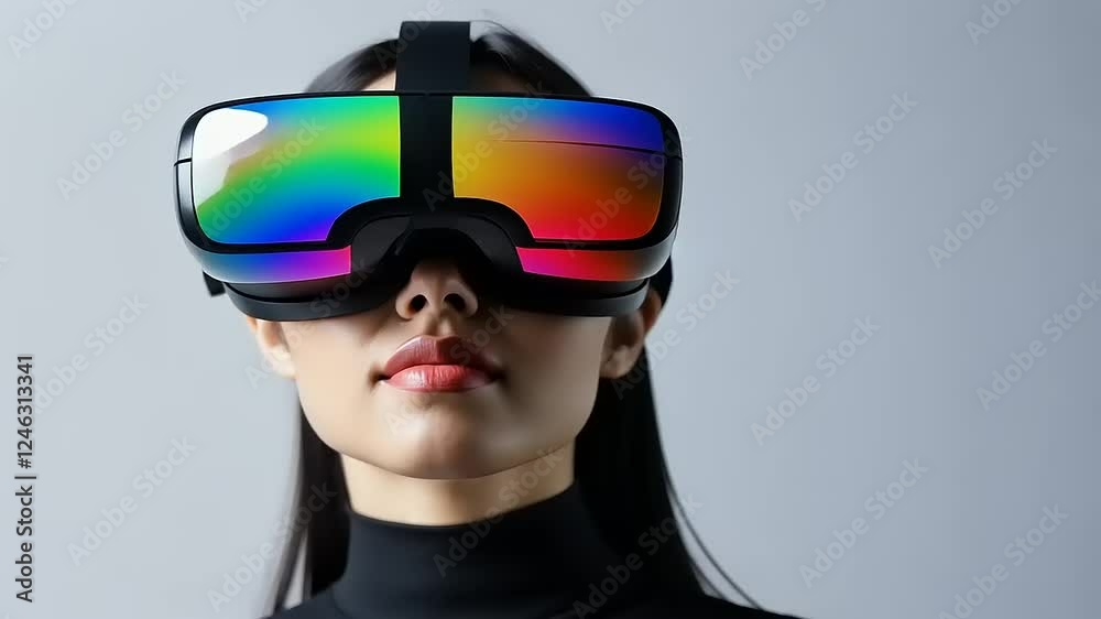 Woman with Sleek Black and Gradient-Lens VR Headset Woman with Sleek Black and Gradient-Lens VR Headset