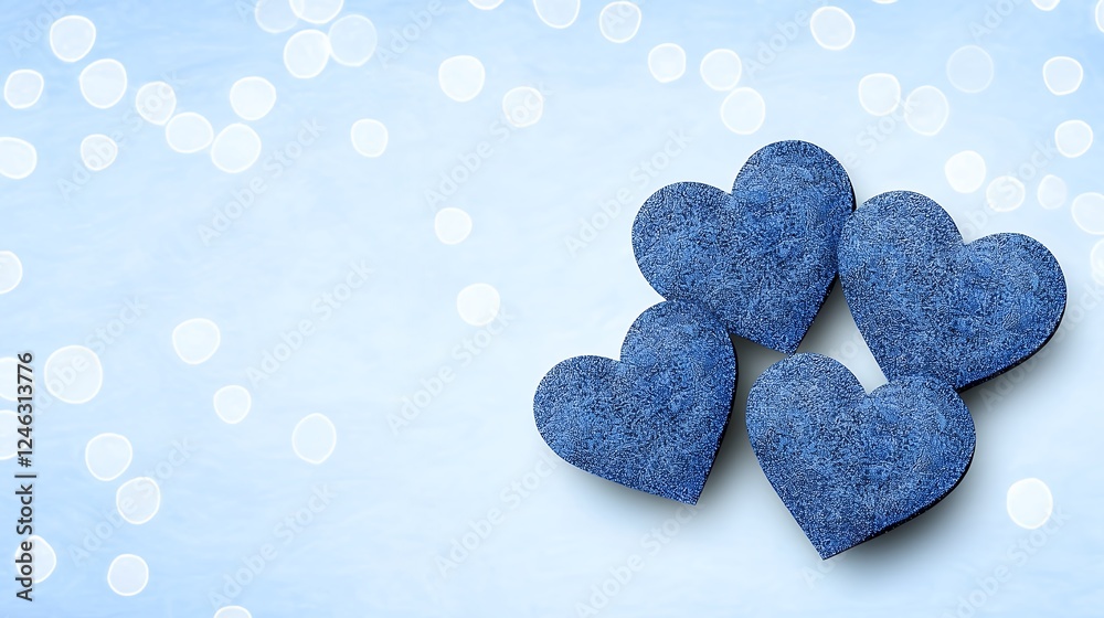 Obraz premium Three Sparkling Blue Glitter Hearts on Bokeh Background