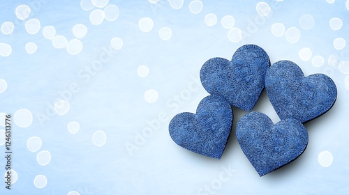 Three Sparkling Blue Glitter Hearts on Bokeh Background