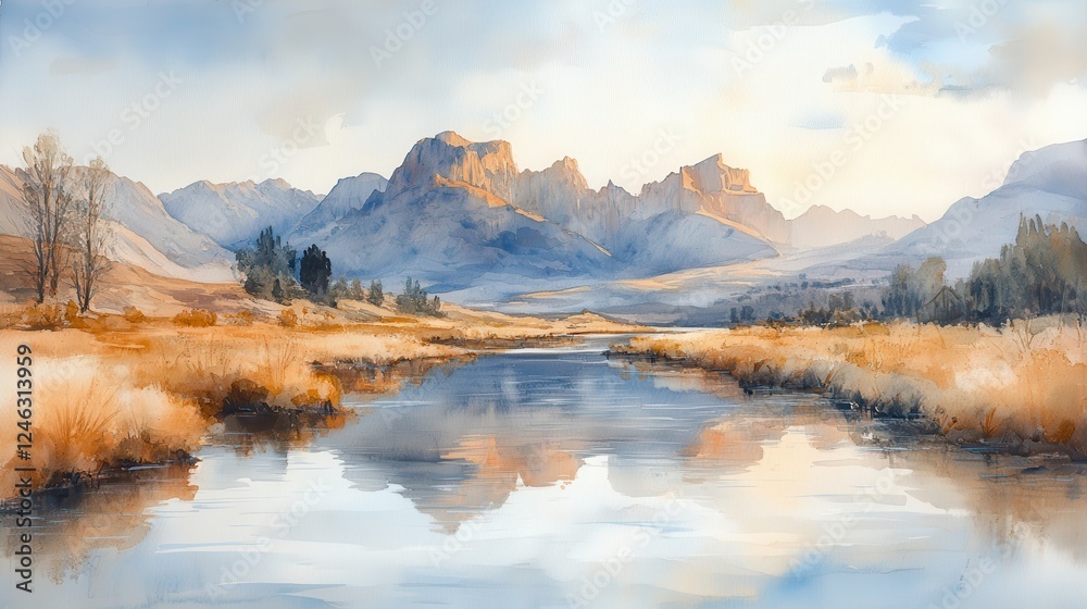 Obraz premium river jordan biblical time watercolor painting of a river in the middle of the mountains