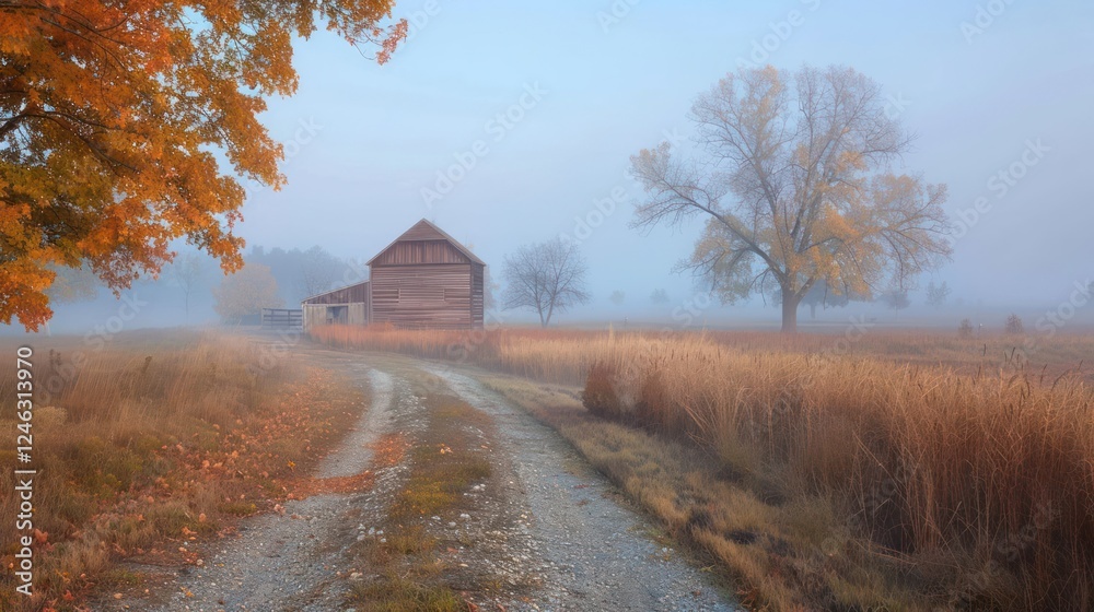 Serene autumn landscape featuring a rustic barn on a foggy morning with vibrant foliage Serene autumn landscape featuring a rustic barn on a foggy morning with vibrant foliage