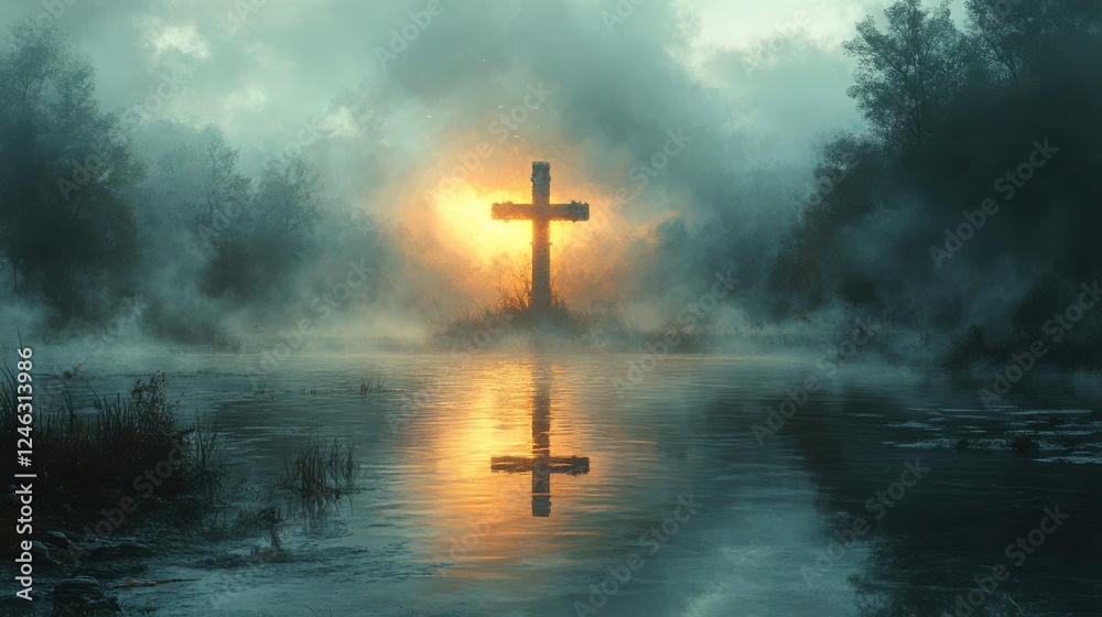 Obraz premium sacred cross soft light breaking through fog reflective water digital painting