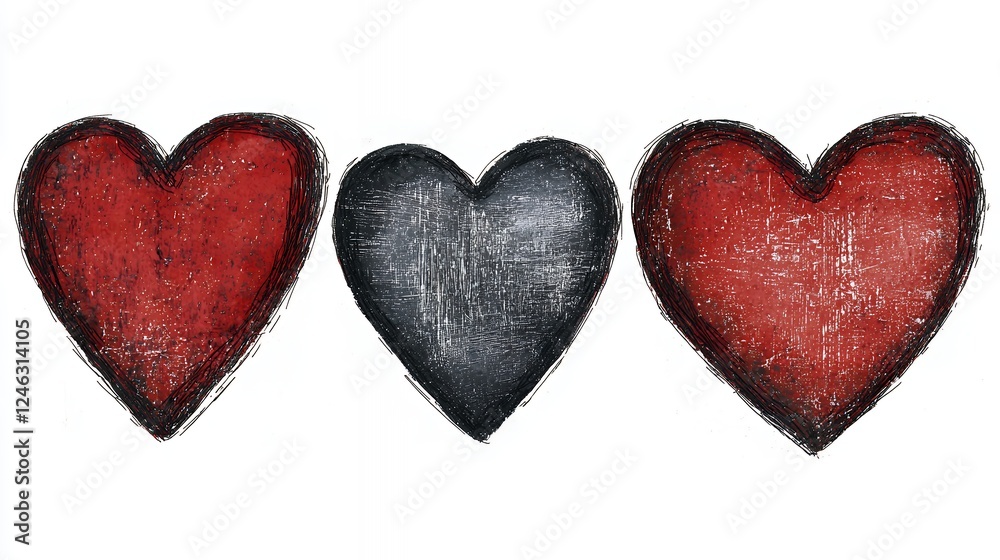 Obraz premium Three Textured Hearts Red, Gray, and Maroon on White