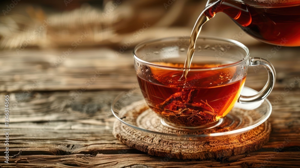 Hot tea being poured into a clear glass cup on a rustic wooden table with natural elements Hot tea being poured into a clear glass cup on a rustic wooden table with natural elements