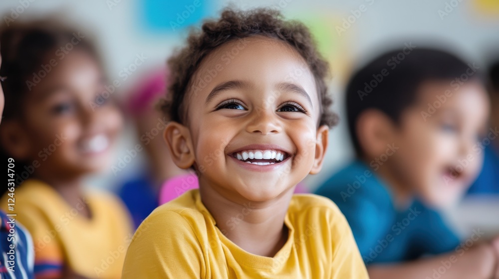 Happy children engaged in learning activities in a vibrant classroom environment during a sunny morning Happy children engaged in learning activities in a vibrant classroom environment during a sunny morning