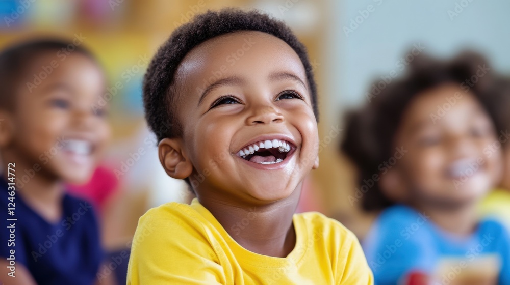 Joyful children enjoying learning and sharing smiles in a colorful classroom environment during a lively activity Joyful children enjoying learning and sharing smiles in a colorful classroom environment during a lively activity