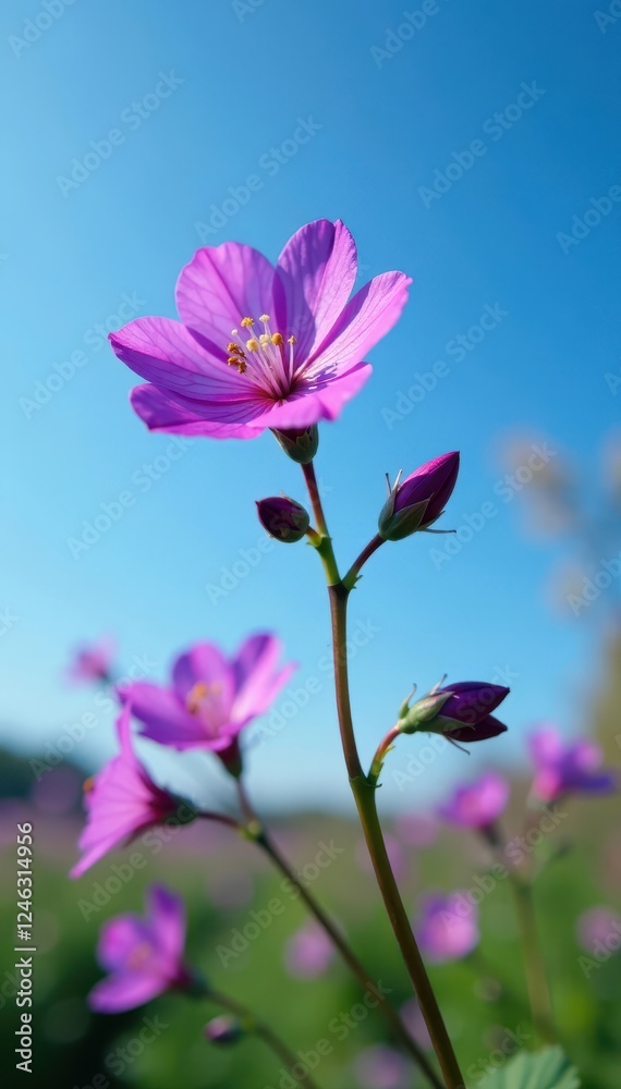 Fototapeta premium Wood Cranesbill in bloom against a bright blue sky, spring, blue sky, purple