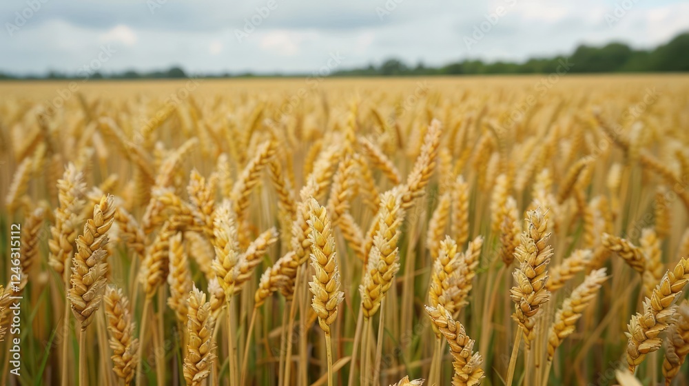 Golden wheat field under a cloudy sky with lush greenery in the background, showcasing nature's bounty Golden wheat field under a cloudy sky with lush greenery in the background, showcasing nature's bounty