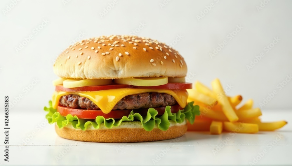 Classic cheeseburger, golden fries, pristine white backdrop , crispy, food Classic cheeseburger, golden fries, pristine white backdrop , crispy, food
