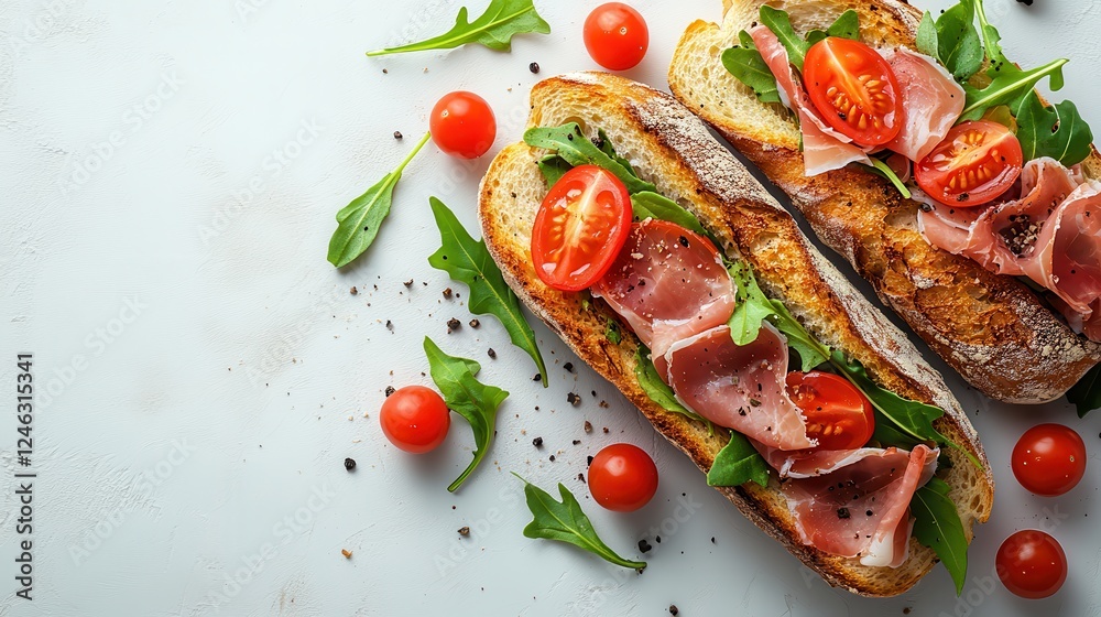 savor the flavor flying baguette sandwich with prosciutto ham arugula parmesan cheese and cherry tomatoes on white background savor the flavor flying baguette sandwich with prosciutto ham arugula parmesan cheese and cherry tomatoes on white background