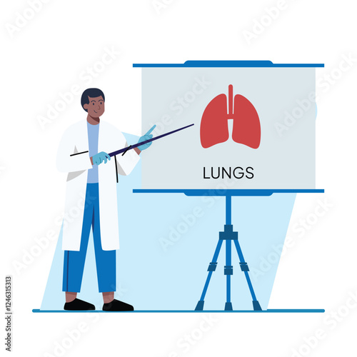 A male doctor in a white coat uses a pointer to highlight a stomach diagram on a flip chart. Perfect for medical websites or educational materials